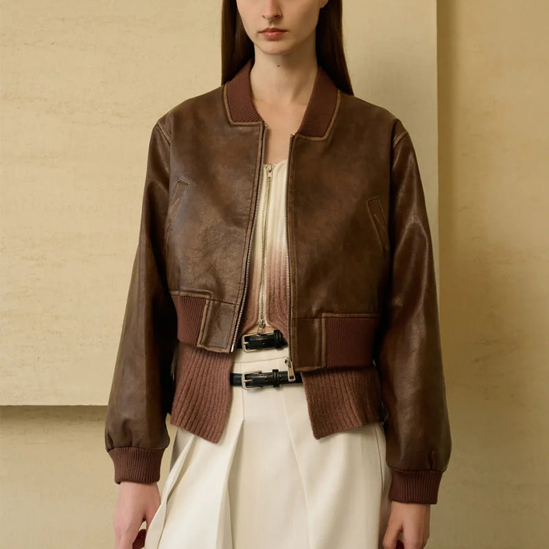 Chaqueta Bomber de Cuero con Cremallera de Inspiración Retro