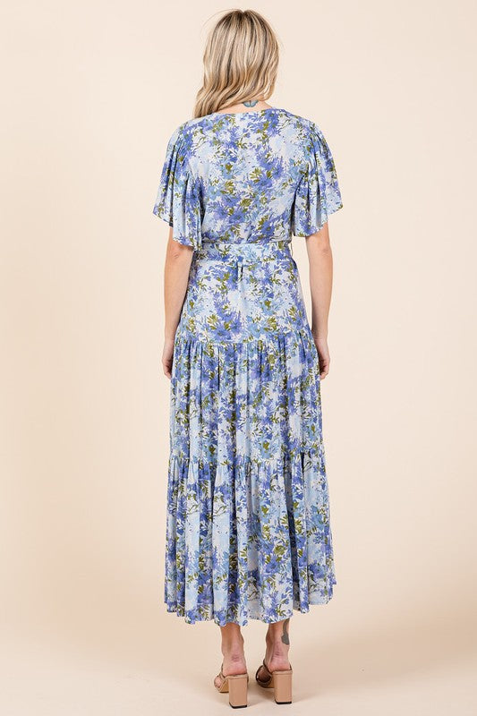 Floral Tie Waist Flutter Sleeve Tiered Dress for Women