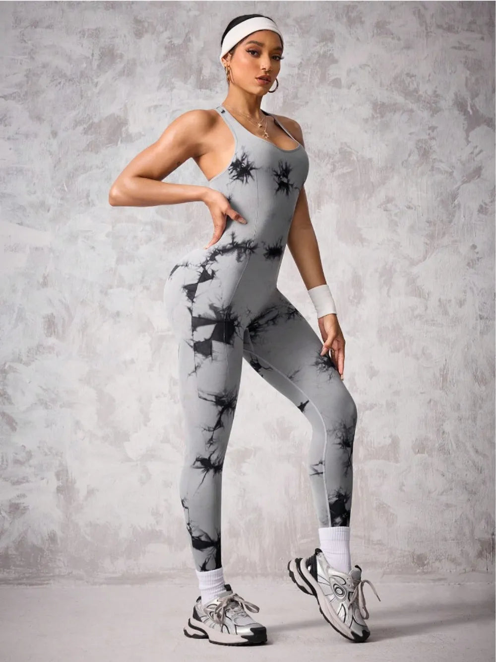 Back Crisscross Tie-Dye Scoop Neck Active Jumpsuit - Korvel