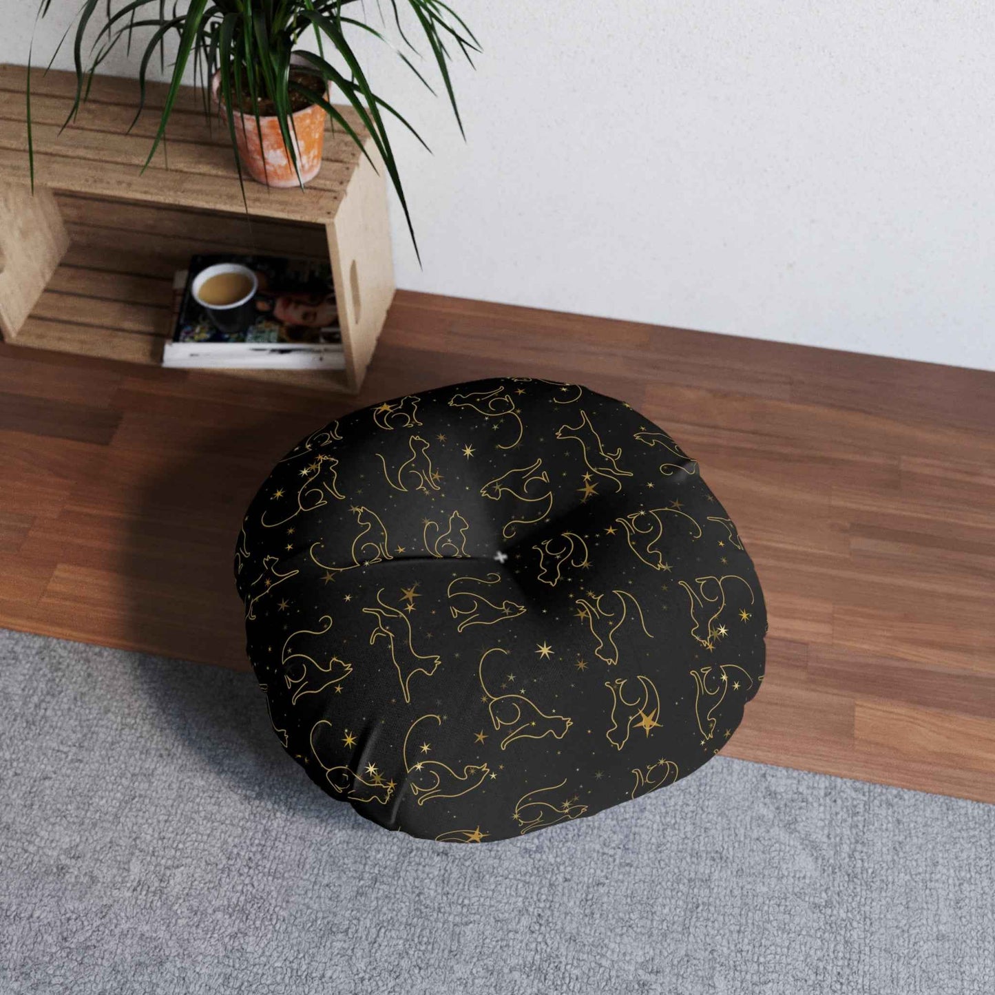 Cojín de Suelo Tufted con Gatos de Línea en Foil Dorado - Negro
