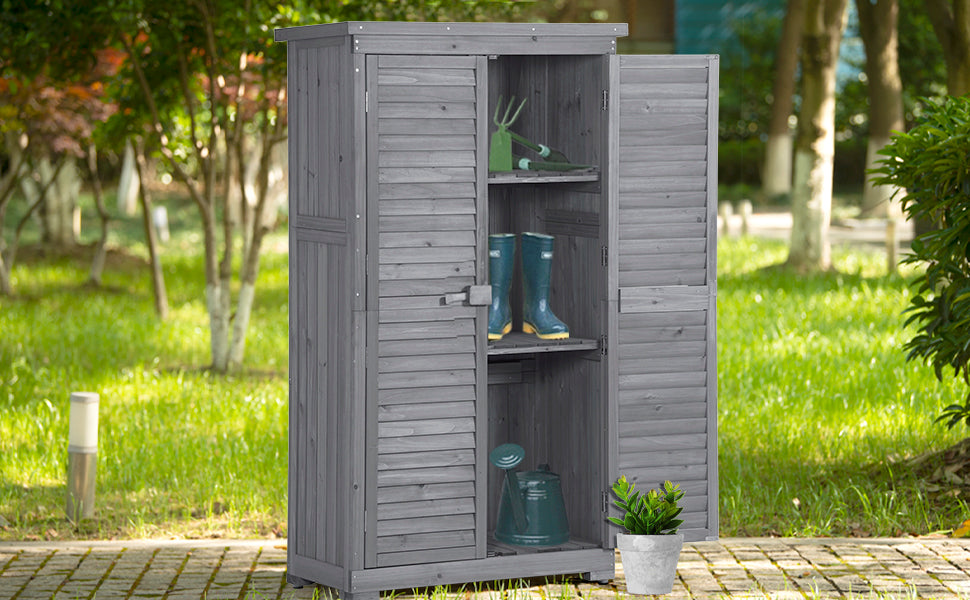 Wooden Garden Shed 3-tier Patio Storage Cabinet Outdoor Organizer Wooden Lockers with Fir Wood (Gray Wood Color -Shutter Design) - Korvel