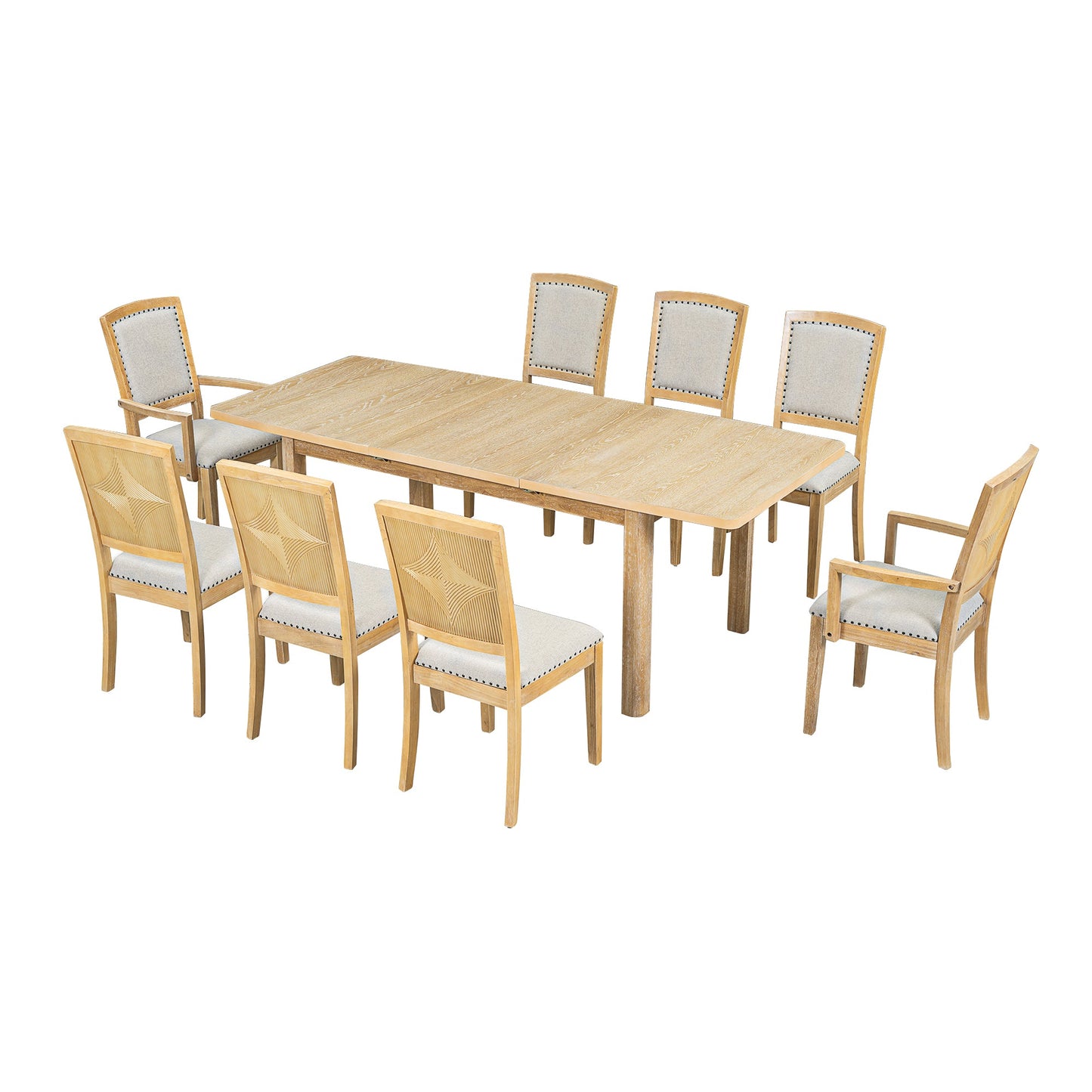 TOPMAX expandable 84 inch dining table set with 24 inch detachable leaves, 6 armless chairs and 2 armchairs  9 pieces natural - Korvel