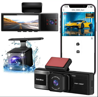 3-Camera Dash Cam with WiFi & Night Vision