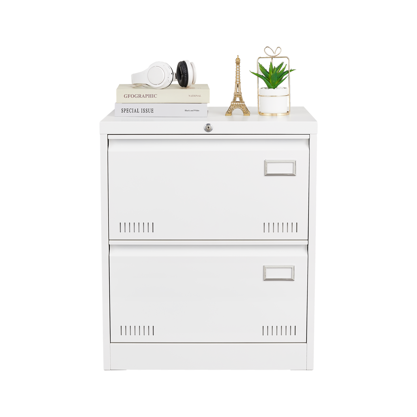 Horizontal file cabinet, 2 drawers, white file cabinet with lock, metal file cabinet with lock, 3 drawers, legal office cabinet - Korvel