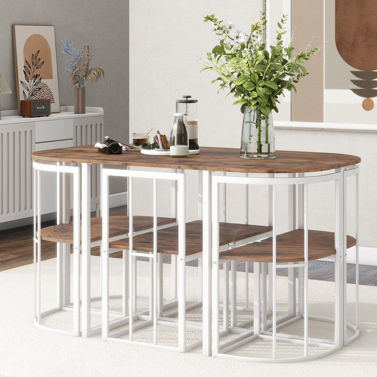 TOPMAX Modern 7-Piece Dining Table Set with Faux Marble Compact 55Inch Kitchen Table Set for 6  White+Cherry - Korvel