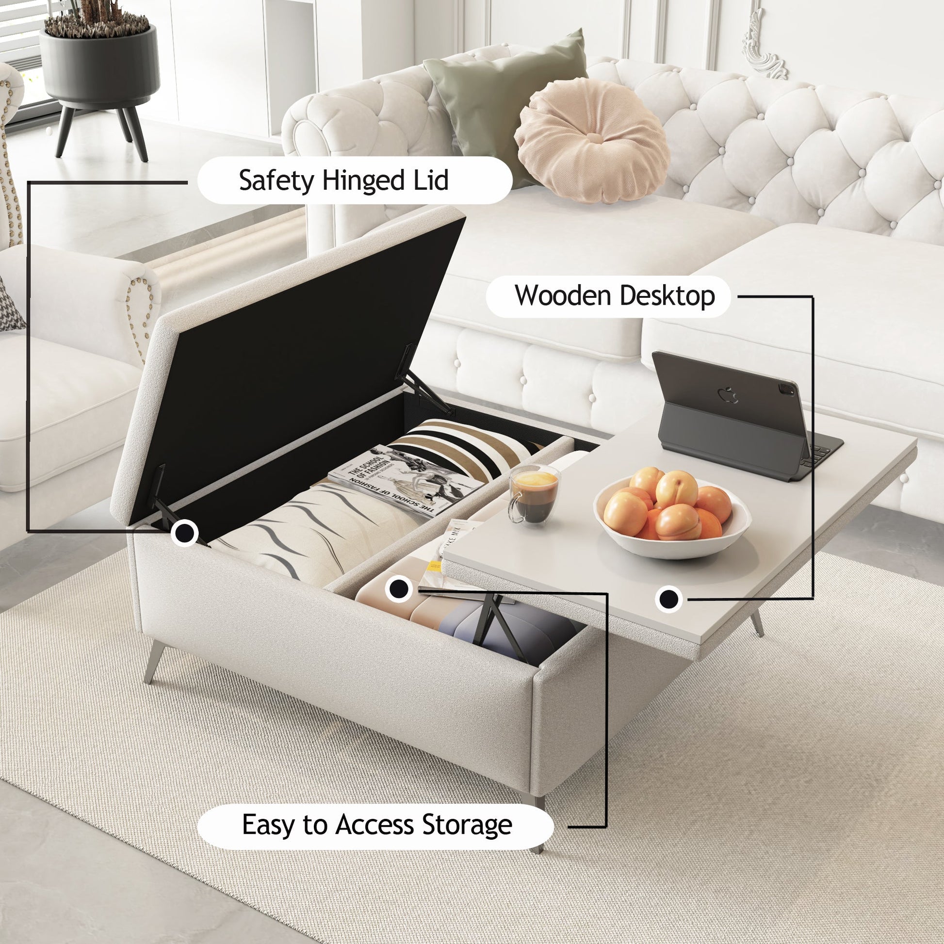 35 inch Wide Square storage benches Coffee Table with Lift Top Oversized Storage Ottoman in Upholstered for Living Room - Korvel