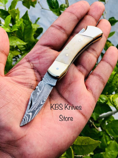 Premium Bone Handle EDC Folding Knife with Damascus Blade - Korvel