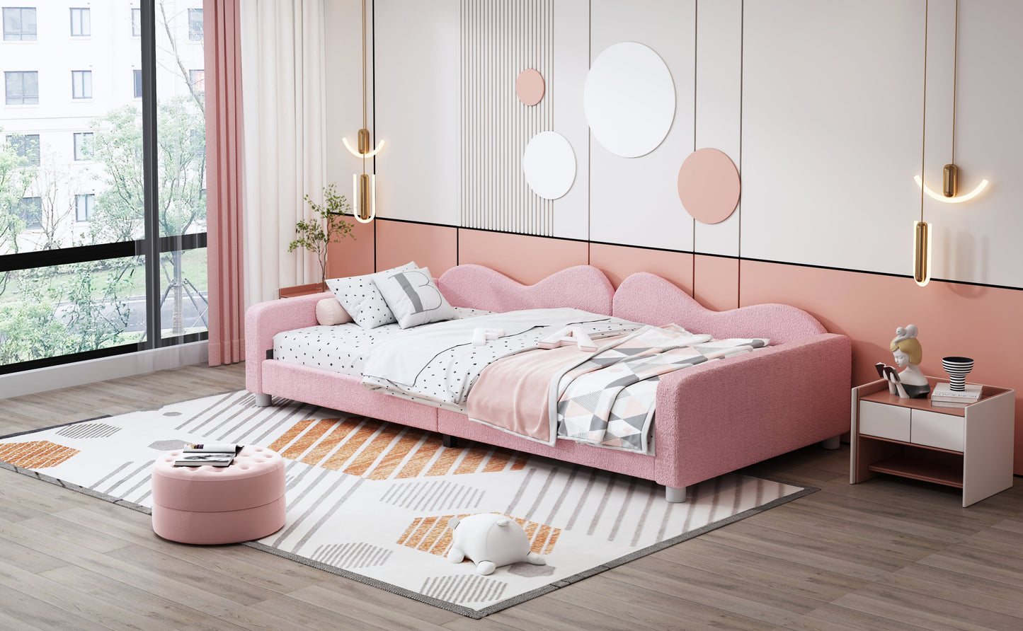 Twin size Upholstered Daybed, Sherpa Fabric Sofabed with Cloud-Shaped Backrest, No Box-spring Needed, Pink - Korvel