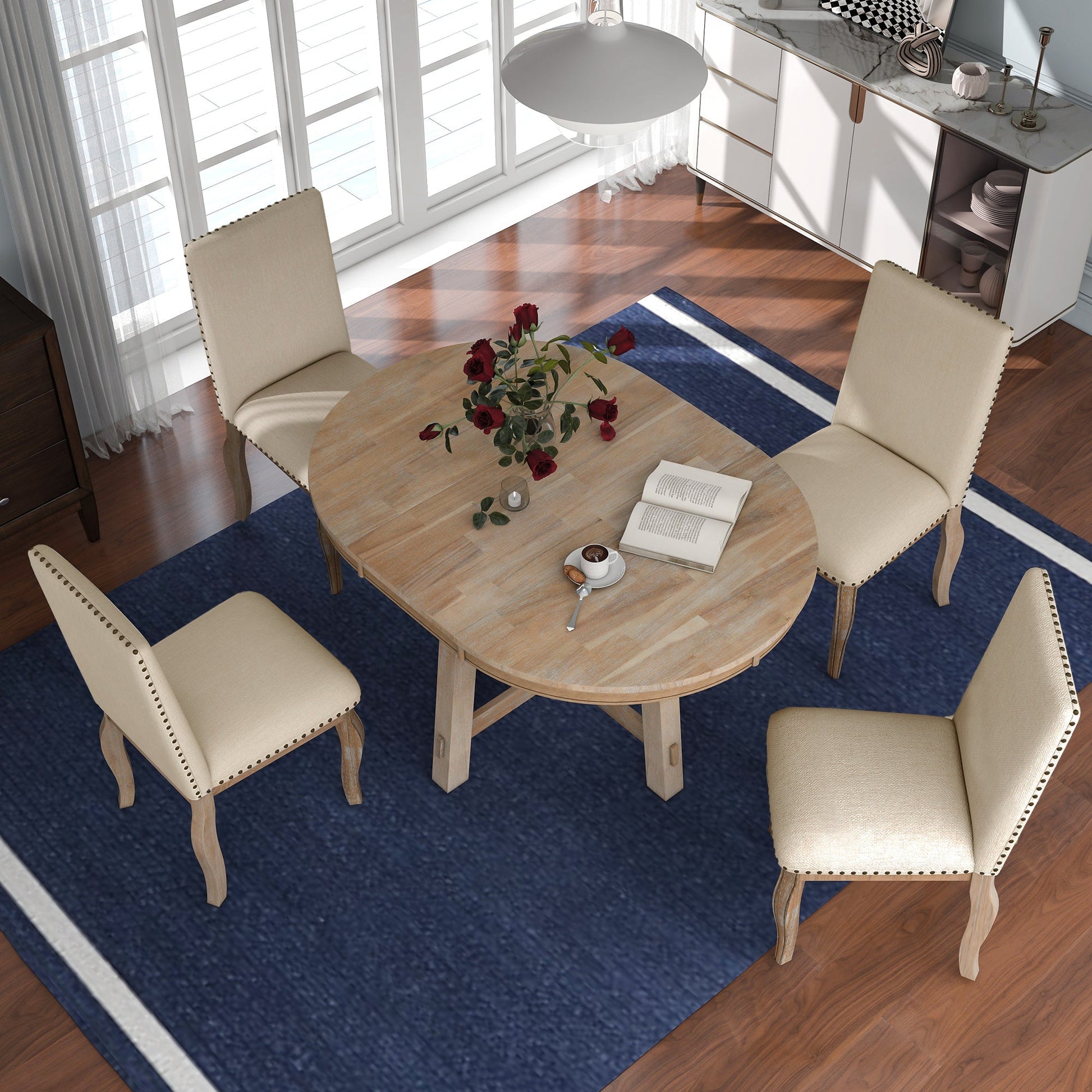 TREXM 5-Piece Farmhouse Dining Table Set Wood Round Extendable Dining Table and 4 Upholstered Dining Chairs (Natural Wood Wash) - Korvel