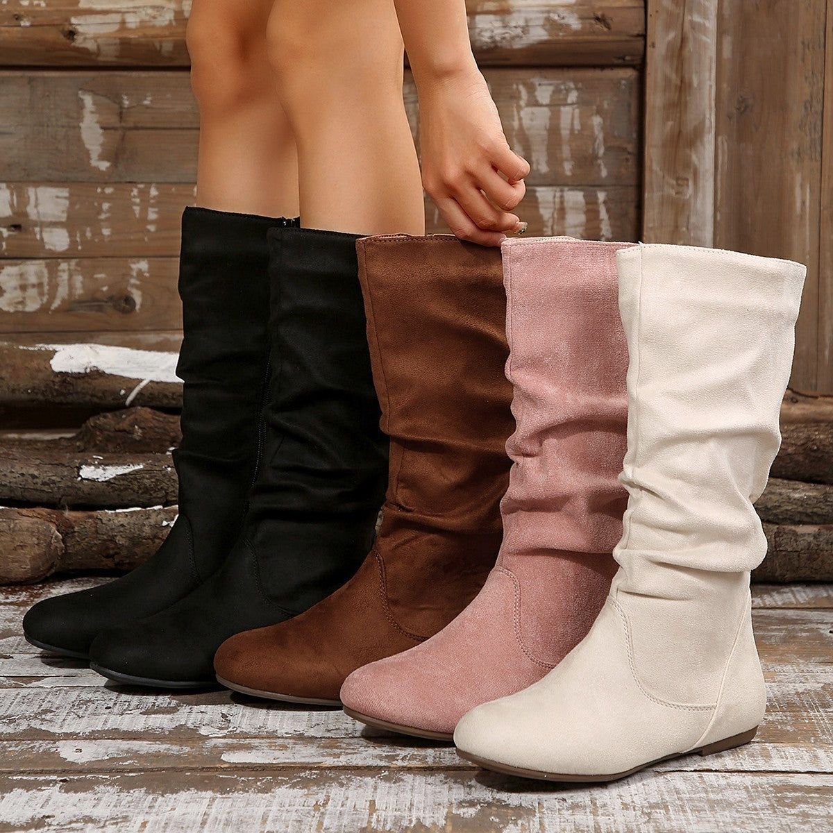 Botas Planas de Suede con Cremallera Lateral para Otoño e Invierno