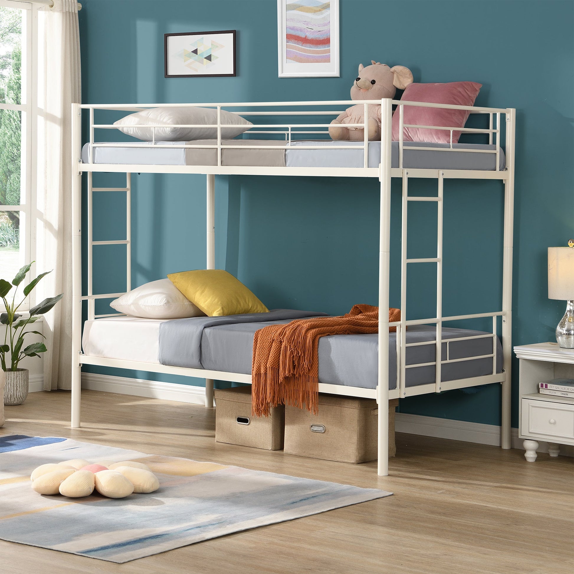 Twin metal bunk beds, metal structure bed frame with safety guardrails and 2 ladders, convertible bunk beds, white - Korvel
