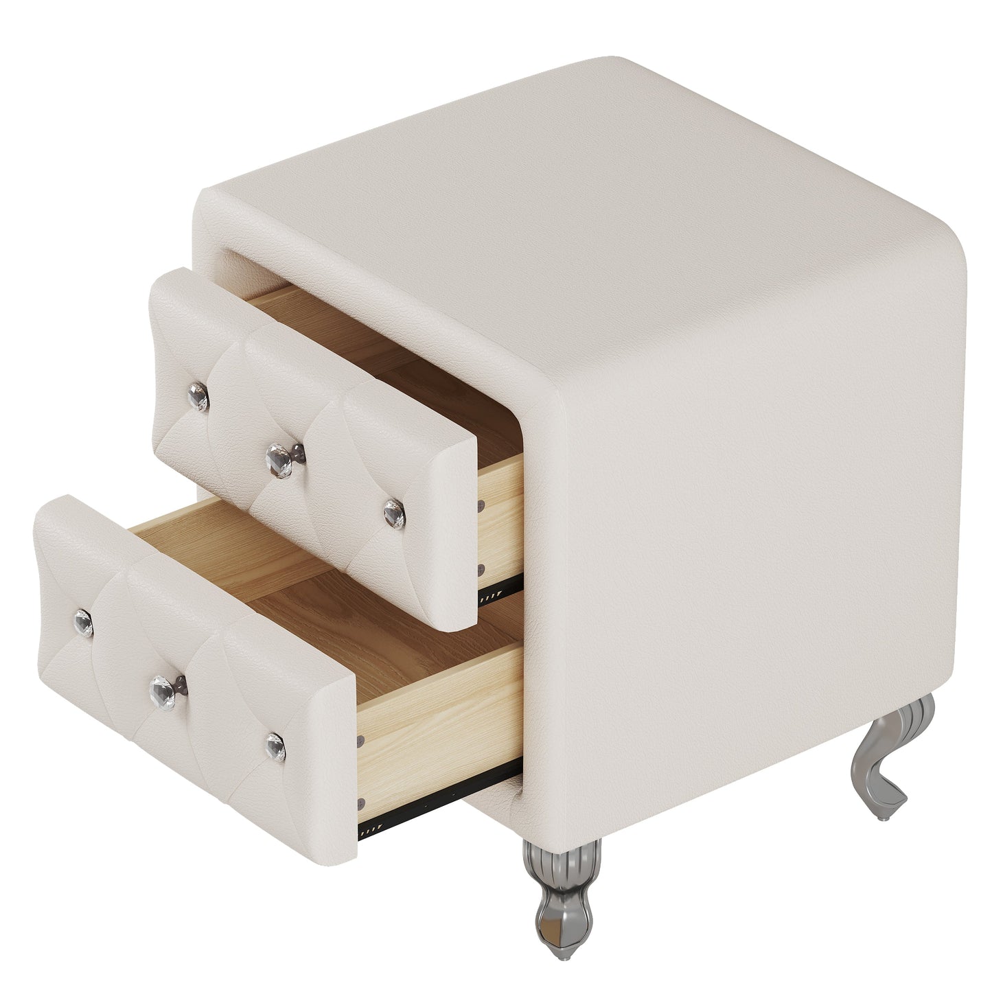 Elegant PU bedside table with 2 drawers and crystal handles, storage with metal legs - white - Korvel