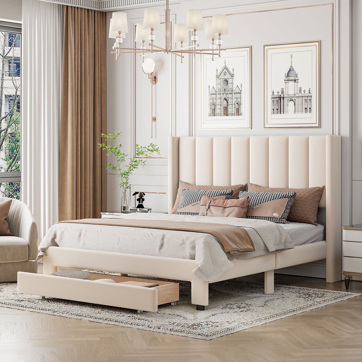 Queen Size Storage Bed Velvet Upholstered Platform Bed with a Big Drawer - Beige - Korvel