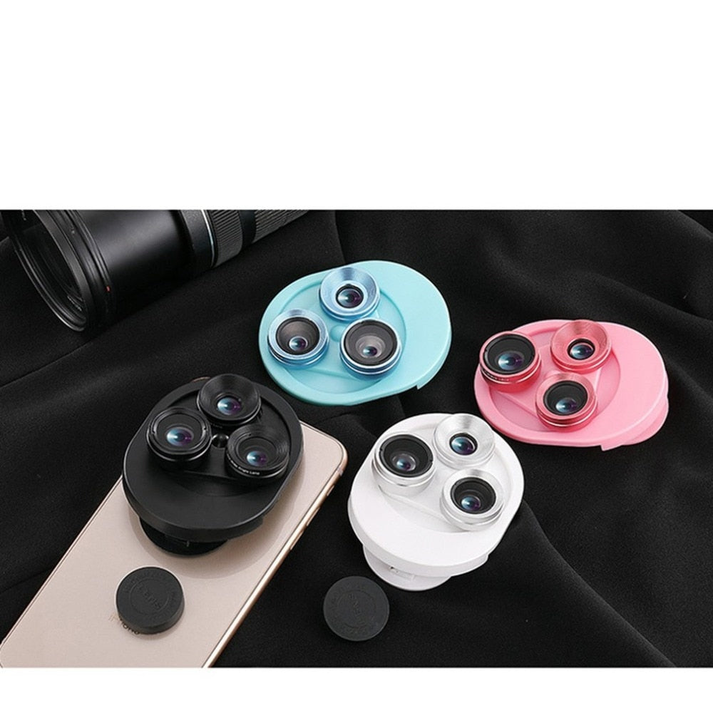 3 In 1 Mobile Phone Lens Set Professional Integral Turntable External Use Wide Angle + Fish Eye + Macro Camera Lens Set - Korvel
