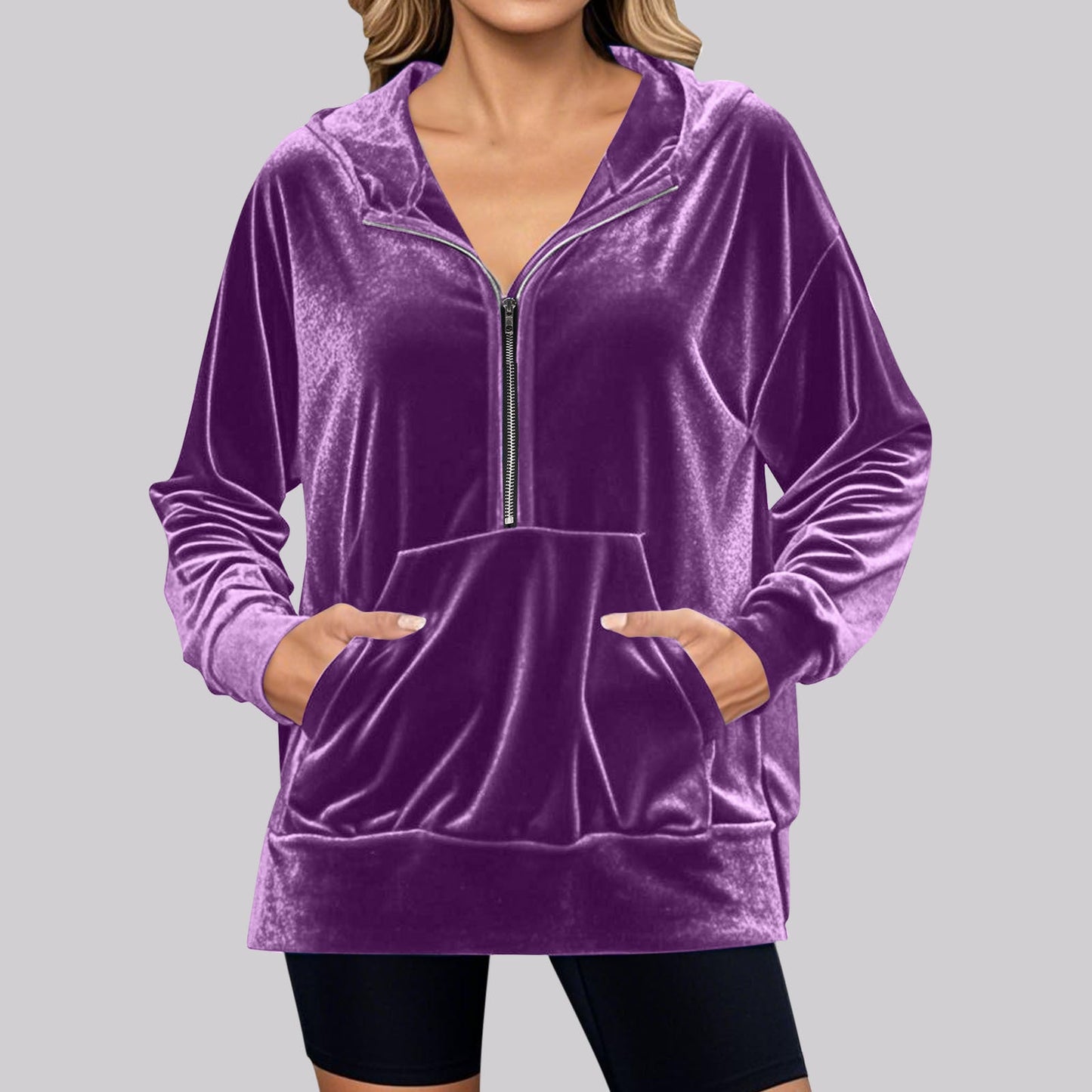 Loose Long Sleeve Zipper Pocket Pleuche Top for Women