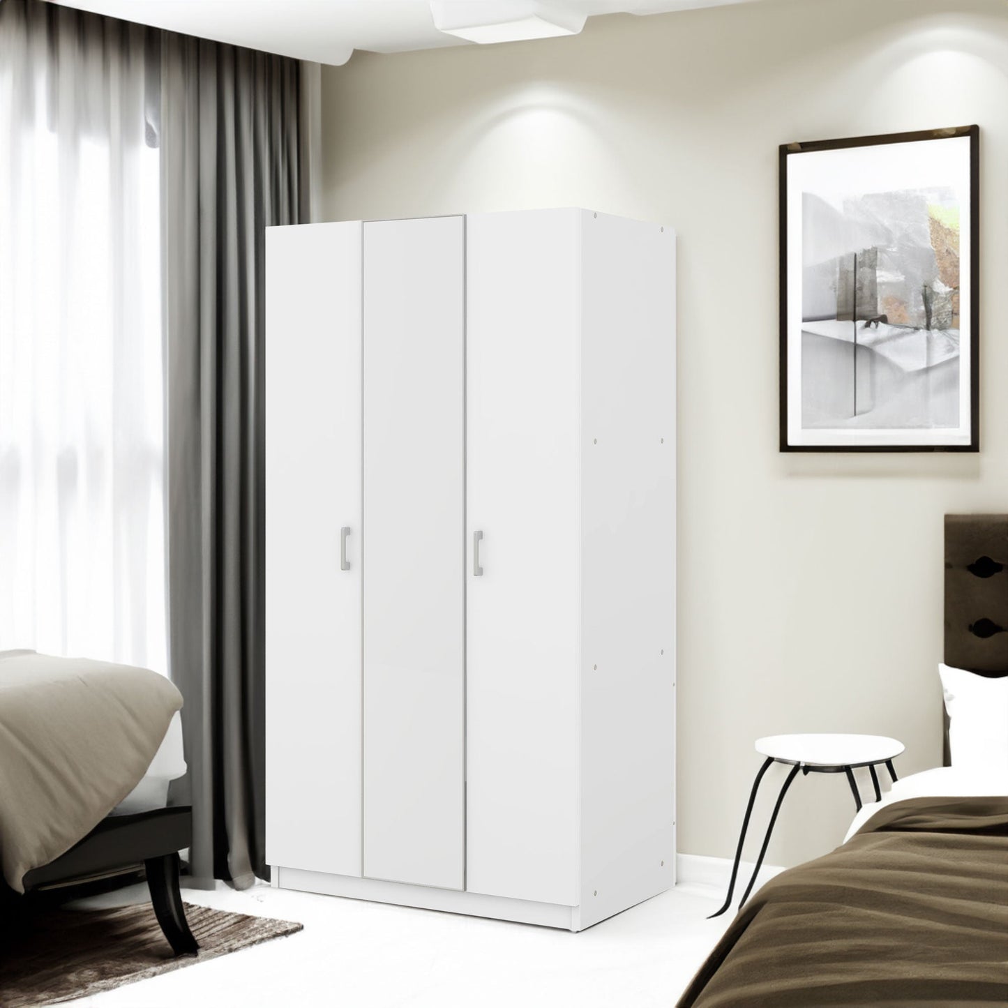 3 Door Wardrobe with Mirror, Armoire with Hanging Rod and 3 Fixed Shelves,White - Korvel