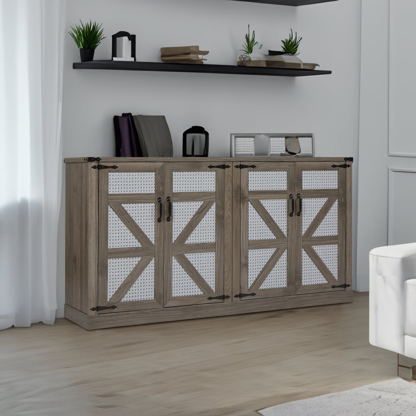 65-Inch Slate Gray Faux Rattan Sideboard with Barn Doors