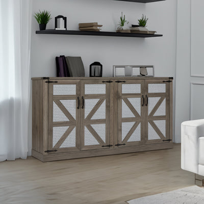 65-Inch Slate Gray Faux Rattan Sideboard with Barn Doors
