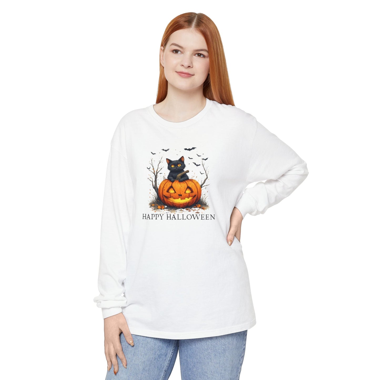 Happy Halloween Cat Long Sleeve Tee for Cat Lovers