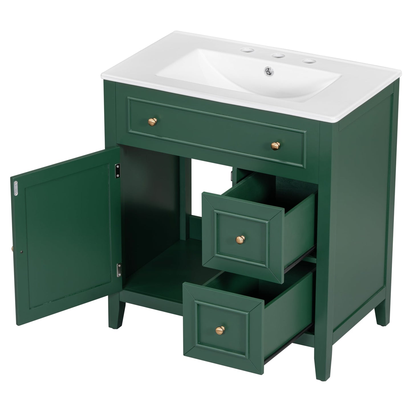 Vanidad de baño verde de 30" con lavabo y almacenamiento