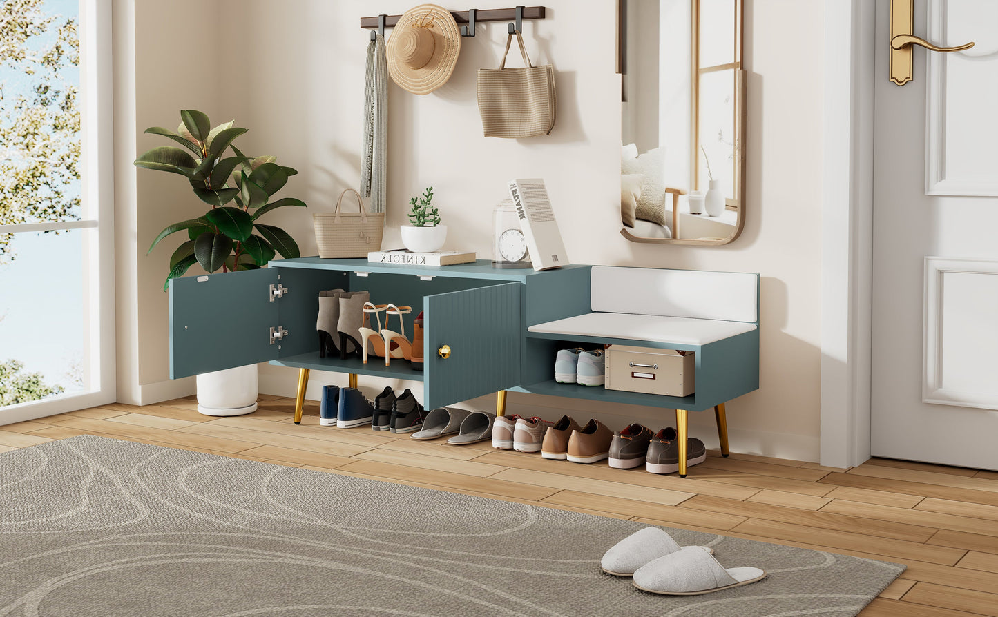 Modern Tiffany Blue Shoe Storage Bench with Cushions