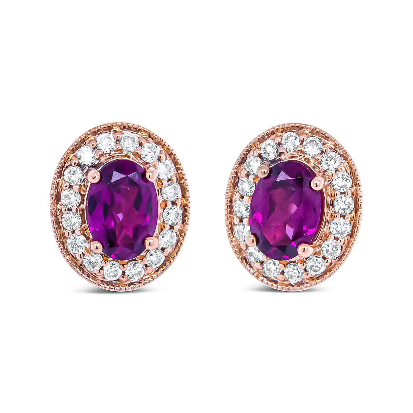 14K Rose Gold Garnet and Diamond Halo Stud Earrings
