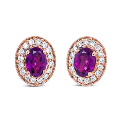 Pendientes de Stud Halo de Granate y Diamante en Oro Rosa de 14K