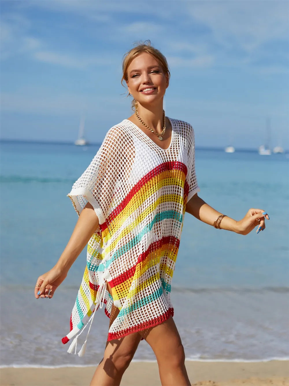 Cutout Striped Cover-Up with Tassel - Korvel