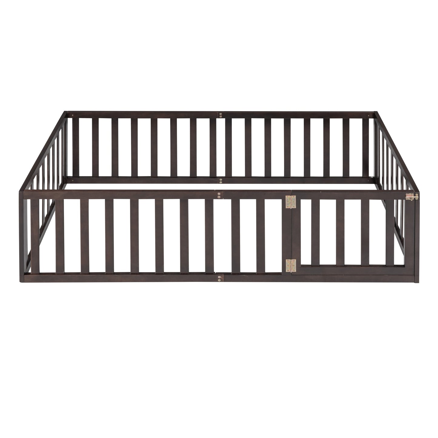 Twin Size Wood Floor Bed Frame with Fence and Door Walnut(OLD SKU :WF289661AAL) - Korvel