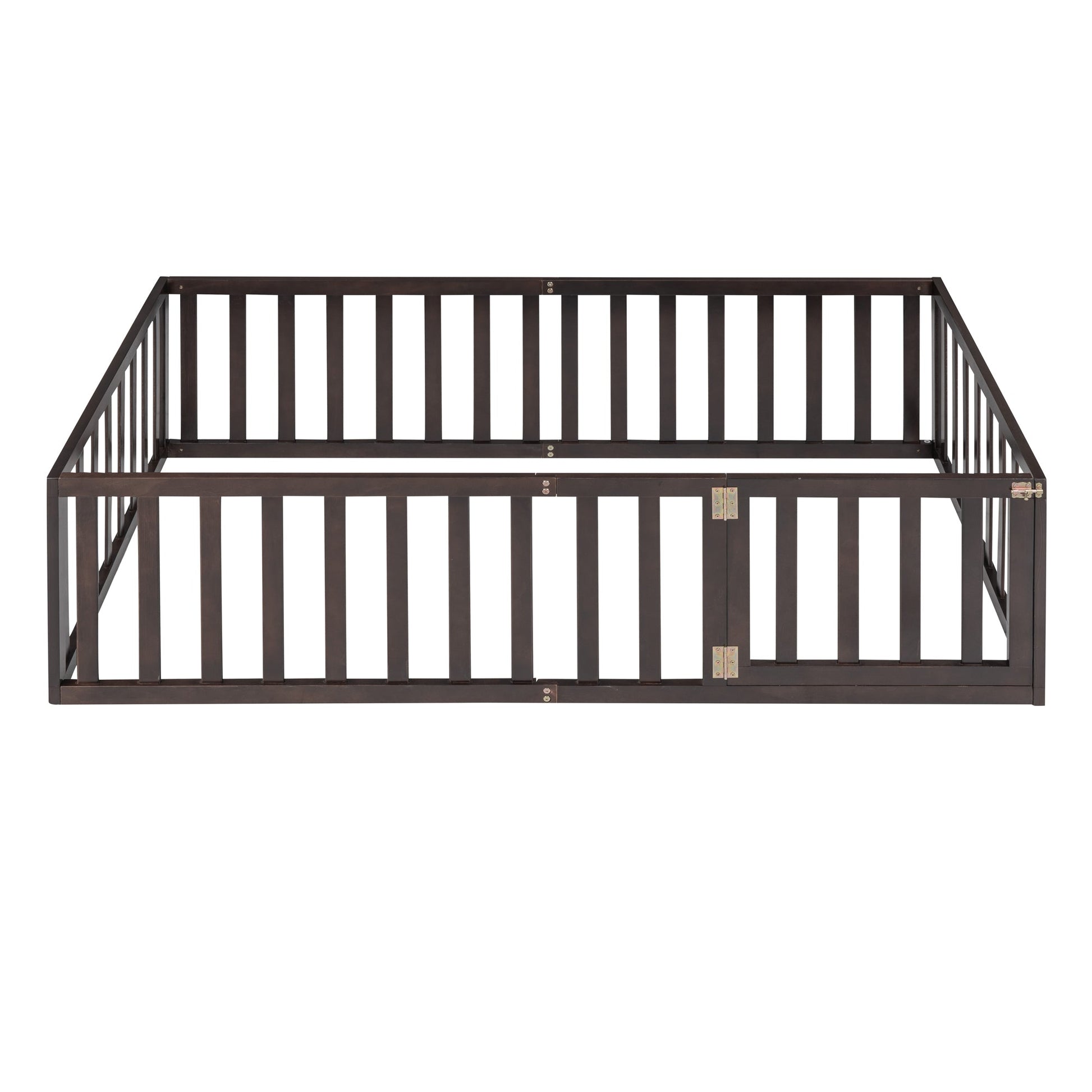 Twin Size Wood Floor Bed Frame with Fence and Door Walnut(OLD SKU :WF289661AAL) - Korvel