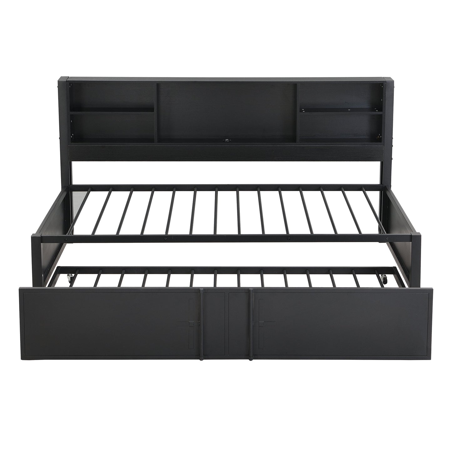 Metal Twin Size Daybed with Trundle, Storage & USB Ports - Black