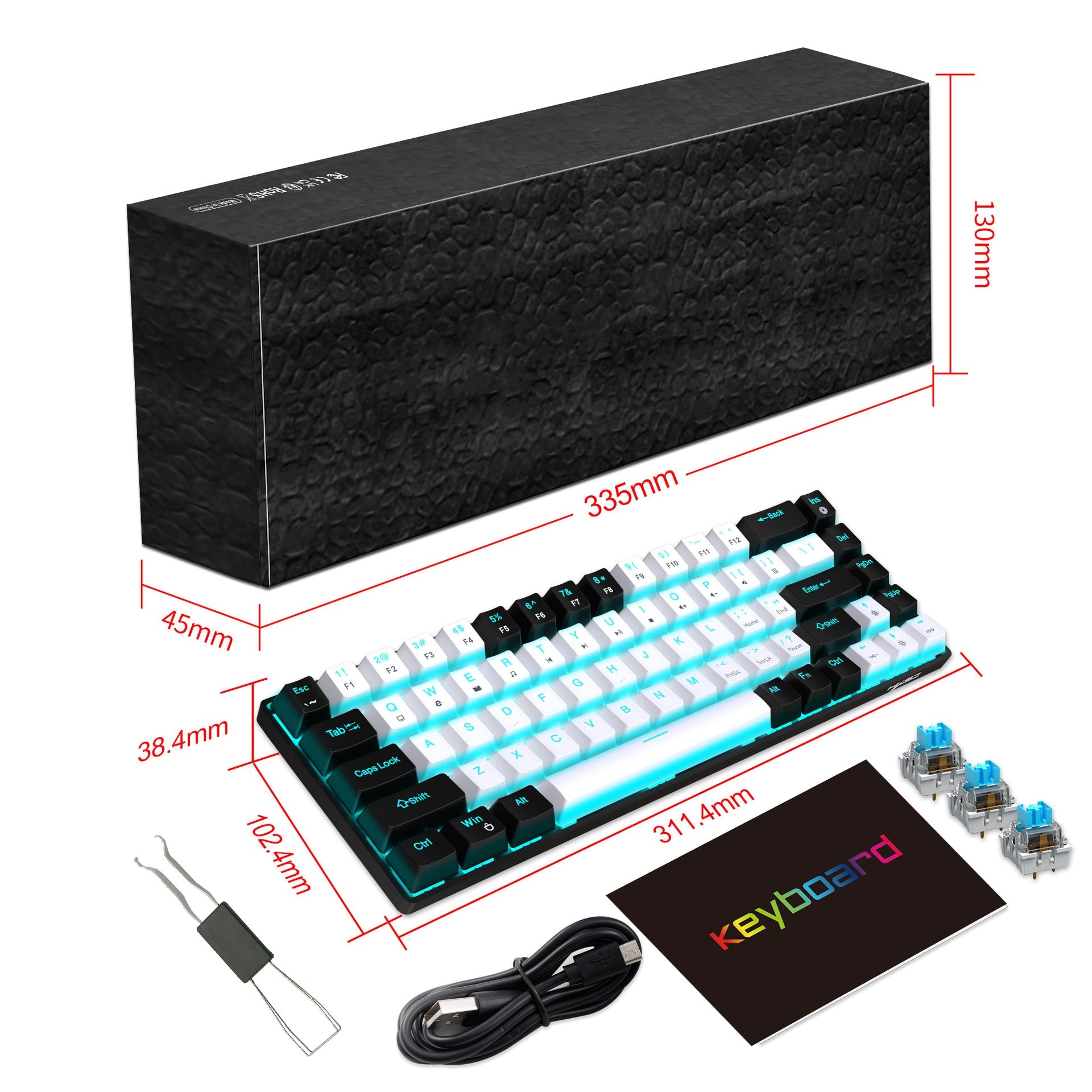 68 keys, 60% keyboard, customized color blocked keycaps, RGB mechanical keyboard, MINI set, plug-in blue axis ice blue disc - Korvel