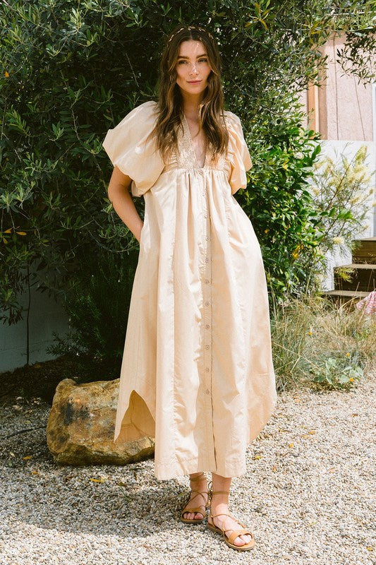 Smocked Puff Sleeve Midi Dress - Chic and Flattering Design
