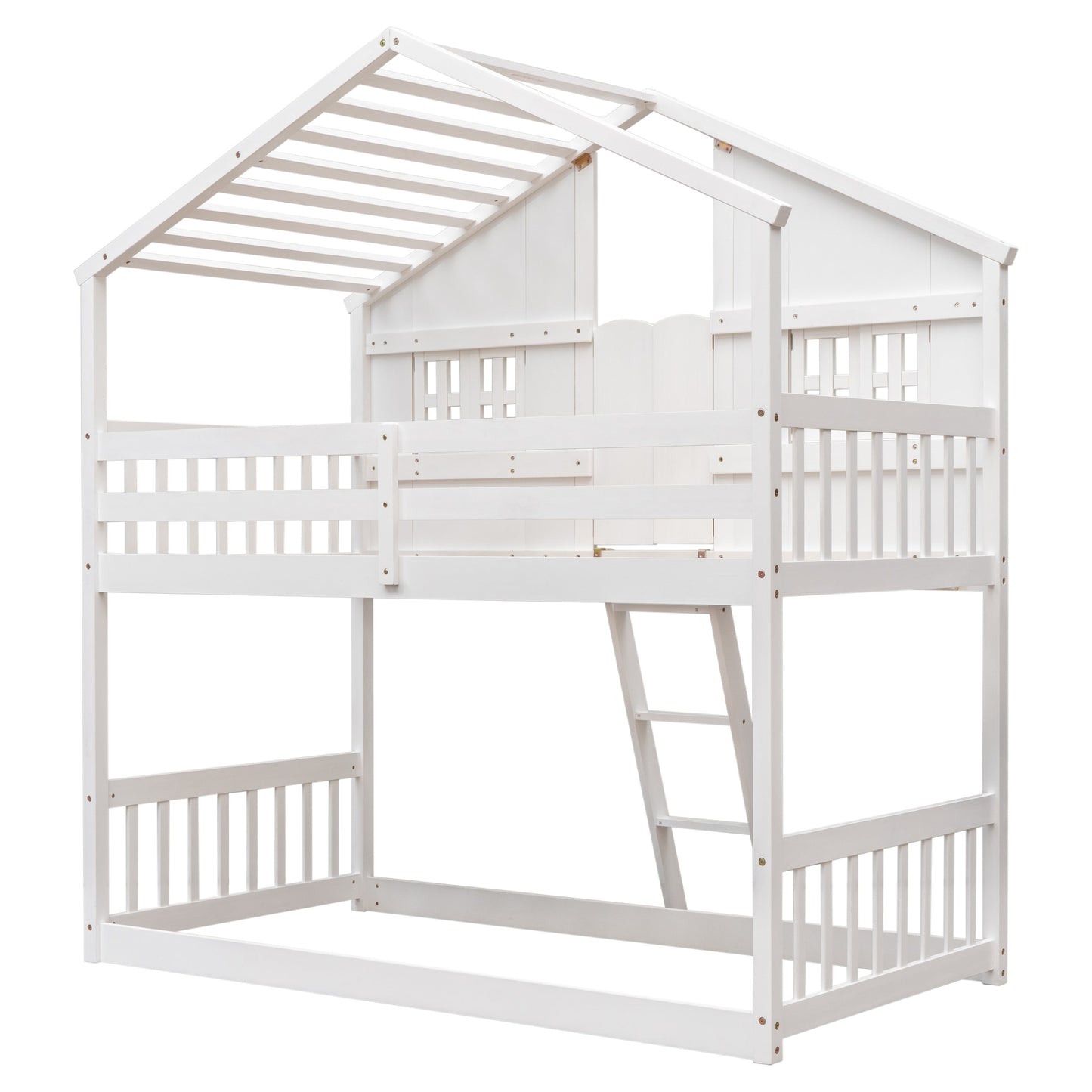 Twin over Twin House Bunk Bed with Roof , Window, Window Box, Door , with Safety Guardrails and Ladder,White - Korvel
