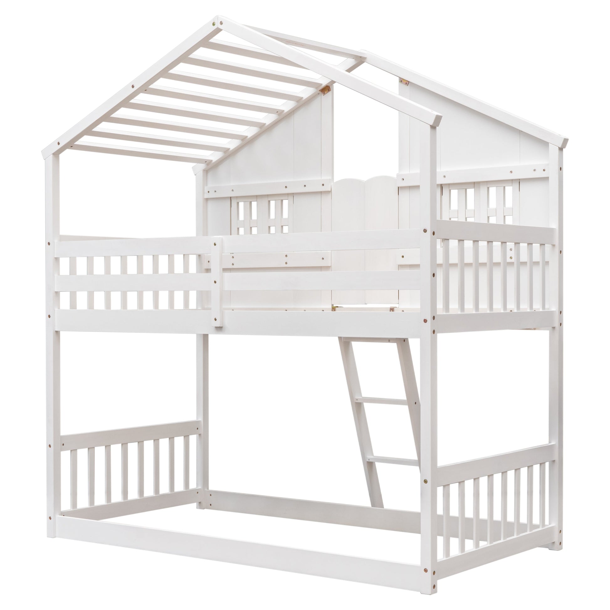 Twin over Twin House Bunk Bed with Roof , Window, Window Box, Door , with Safety Guardrails and Ladder,White - Korvel