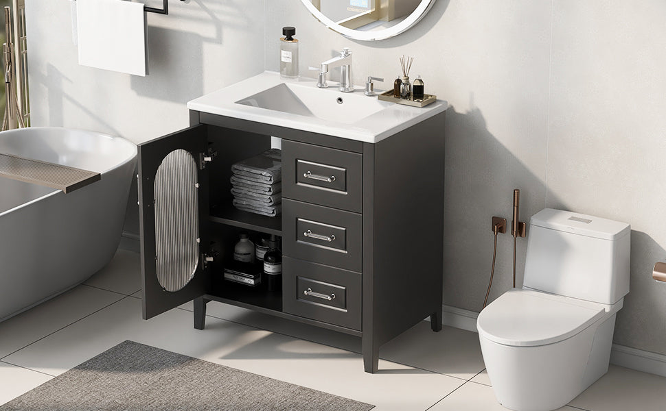 30" Bathroom Vanity with Sink, Bathroom Vanity Cabinet with Two Drawers and Door, Adjustable Shelf, Solid Wood and MDF, Black - Korvel
