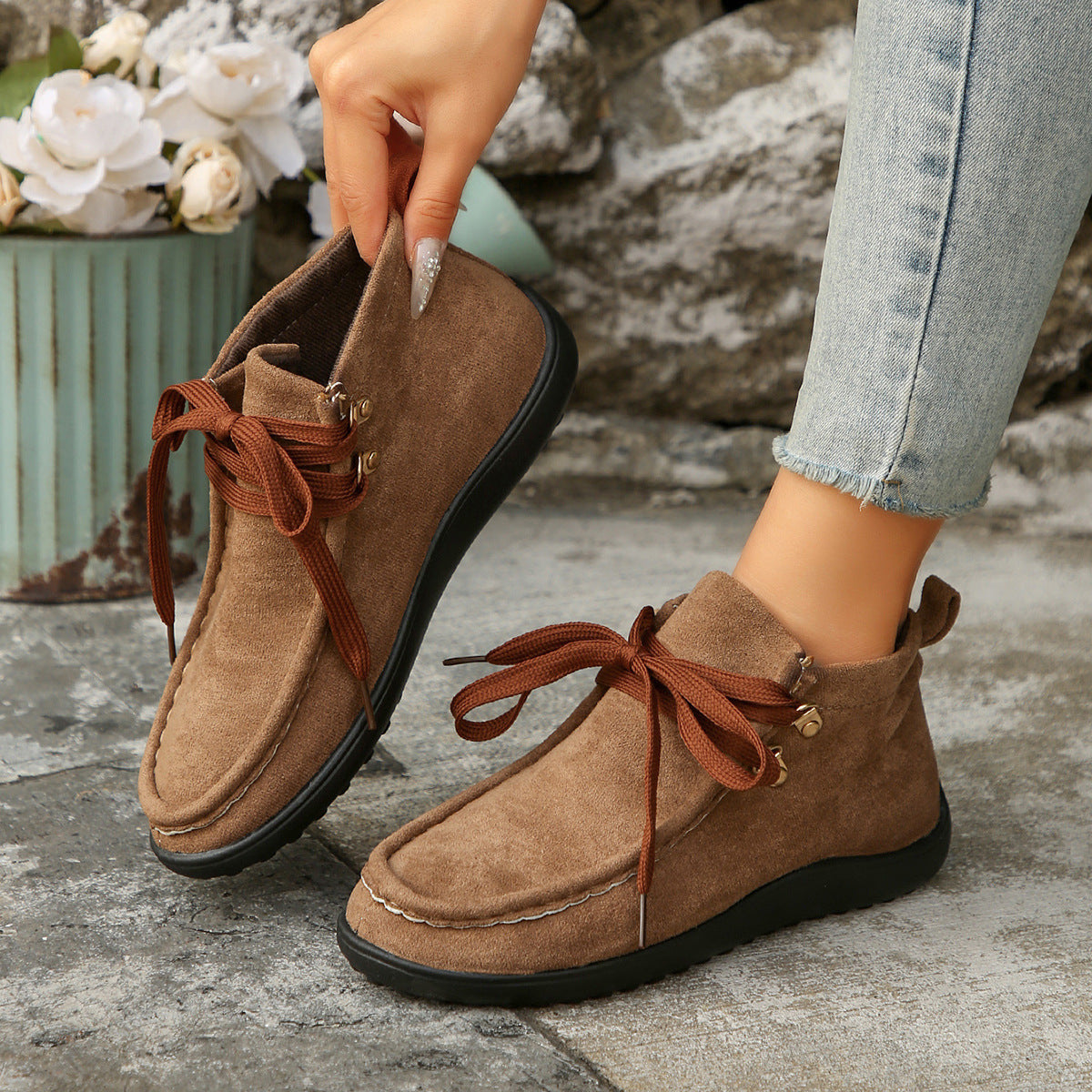 Lace-up Suede Sneakers for Women with Thick Sole