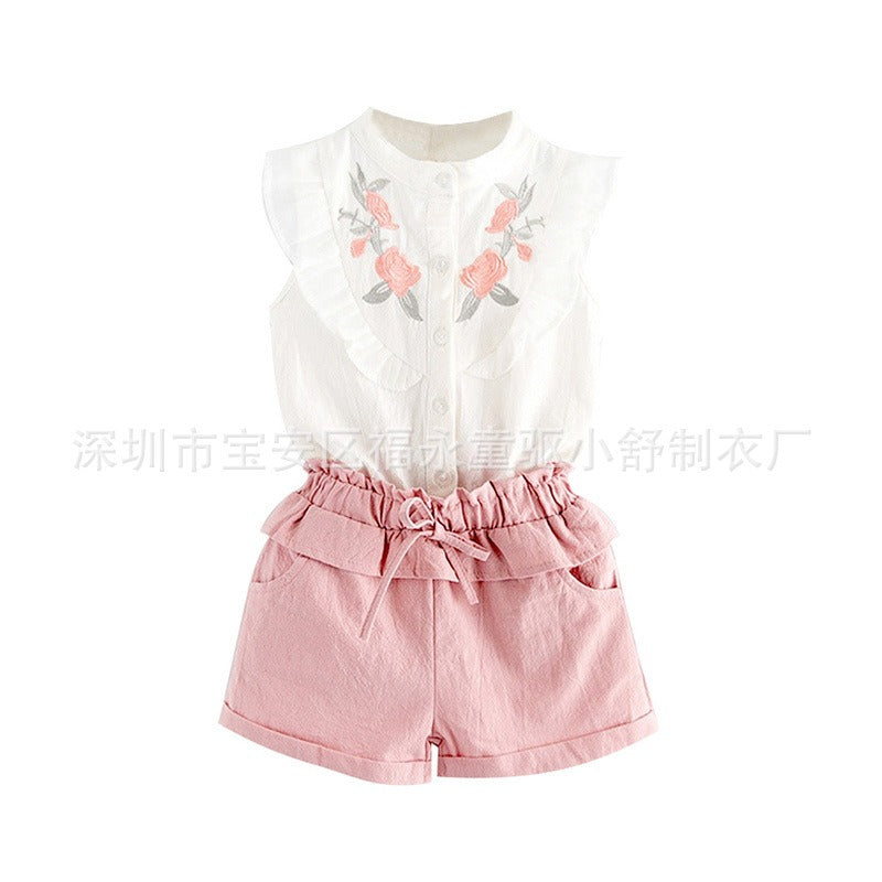 INS Children's Clothing Girls Embroidered Flowers Ruffled Lace Sleeveless Shirt Two-Color Shorts Set - Korvel