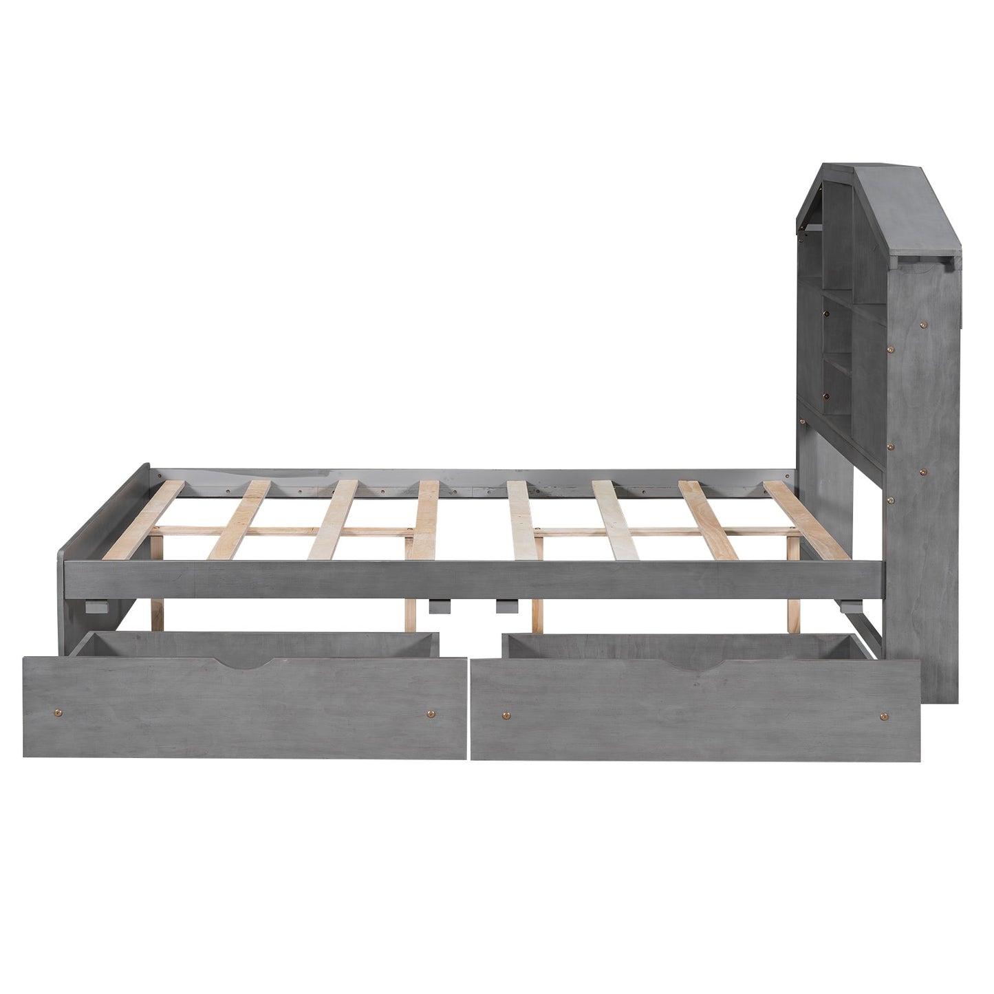 Full Size Wood Platform Bed with Storage Headboard - Gray
