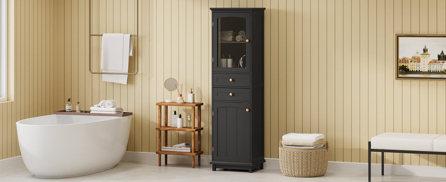 Tall Bathroom Storage Cabinet with Glass Doors, Free-Standing, Two Drawers, and Adjustable Shelves, MDF Board, Painted Black - Korvel
