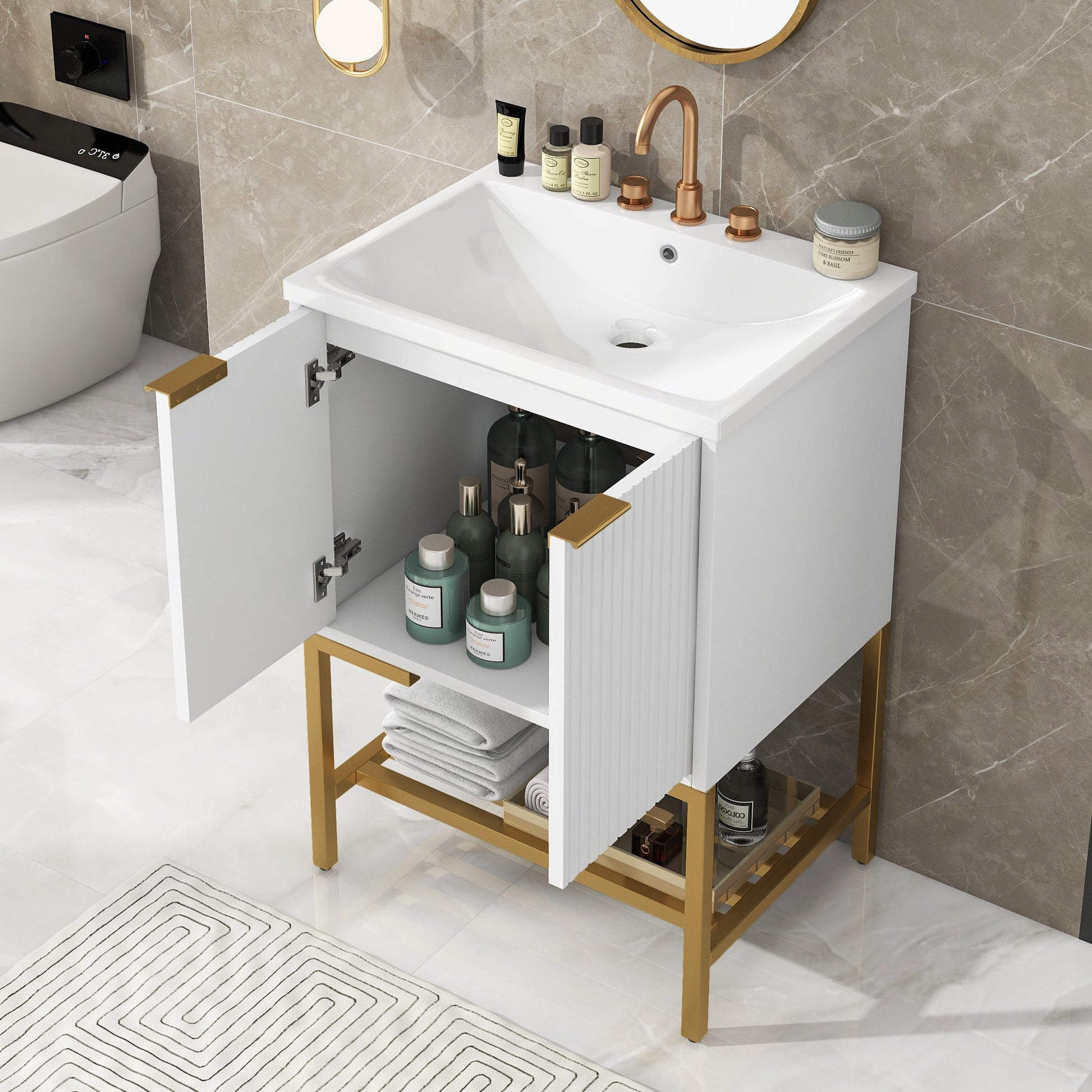 24" Bathroom Vanity with Sink, Bathroom Vanity Cabinet with Two Doors and Gold Metal Frame, Open Storage Shelf, White - Korvel