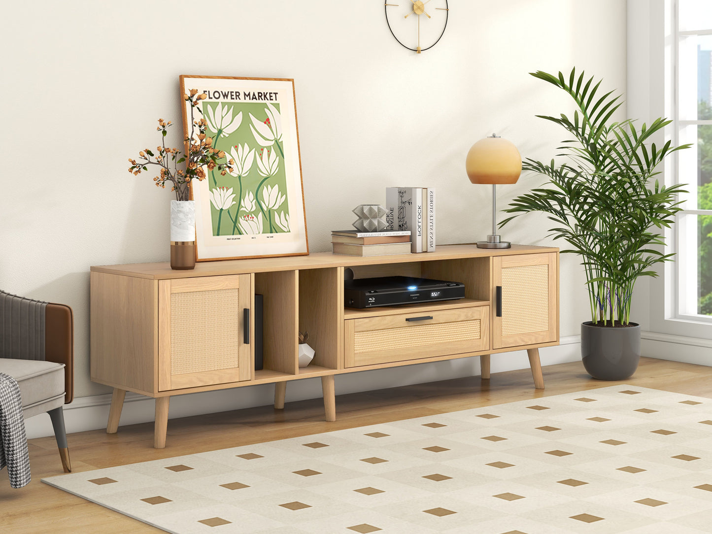 Vine TV stand with 2 cabinets and 2 open shelves, suitable for TVs under 80 inches, with solid wood legs for TV cabinets - Korvel