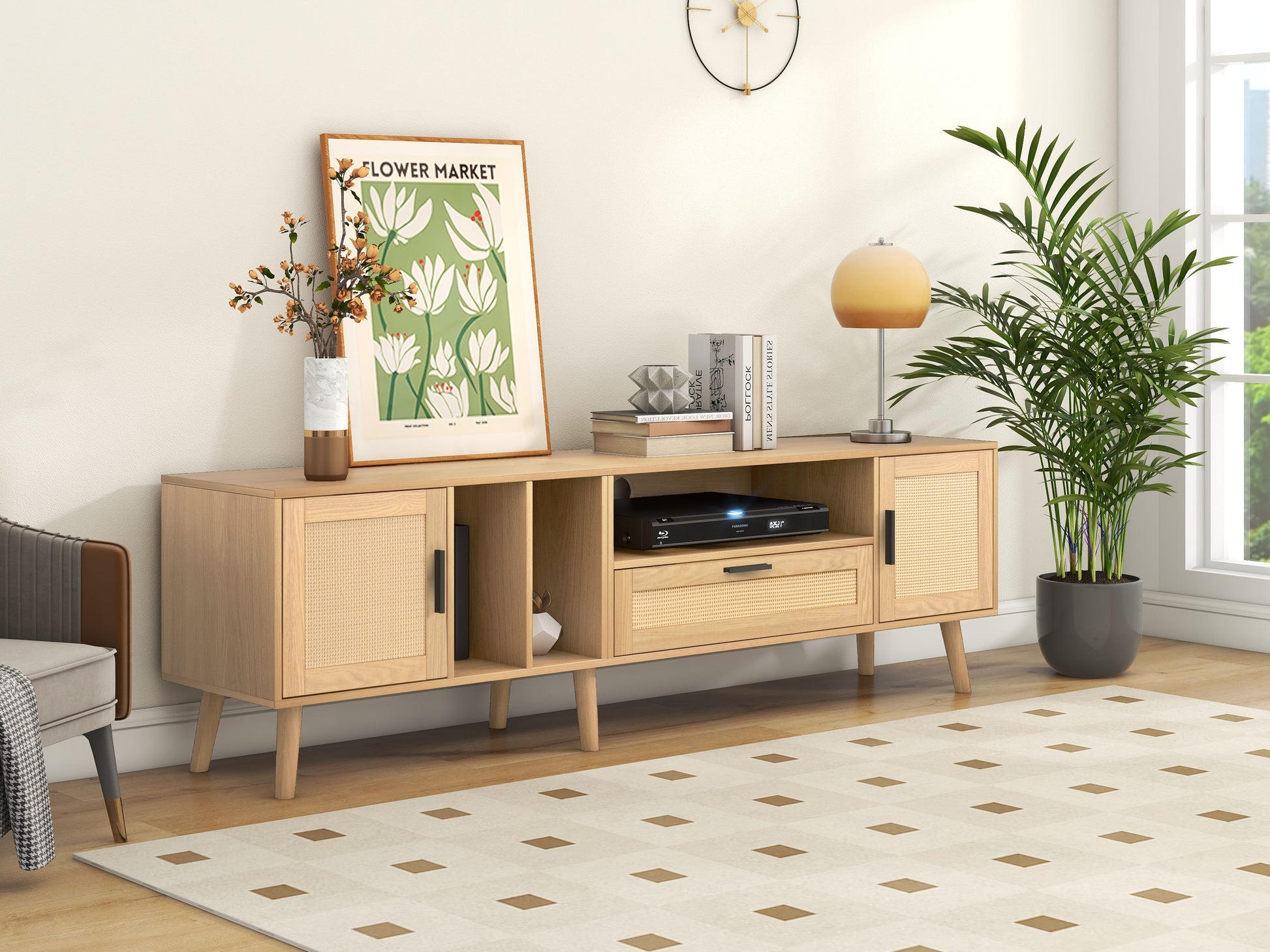 Vine TV stand with 2 cabinets and 2 open shelves, suitable for TVs under 80 inches, with solid wood legs for TV cabinets - Korvel