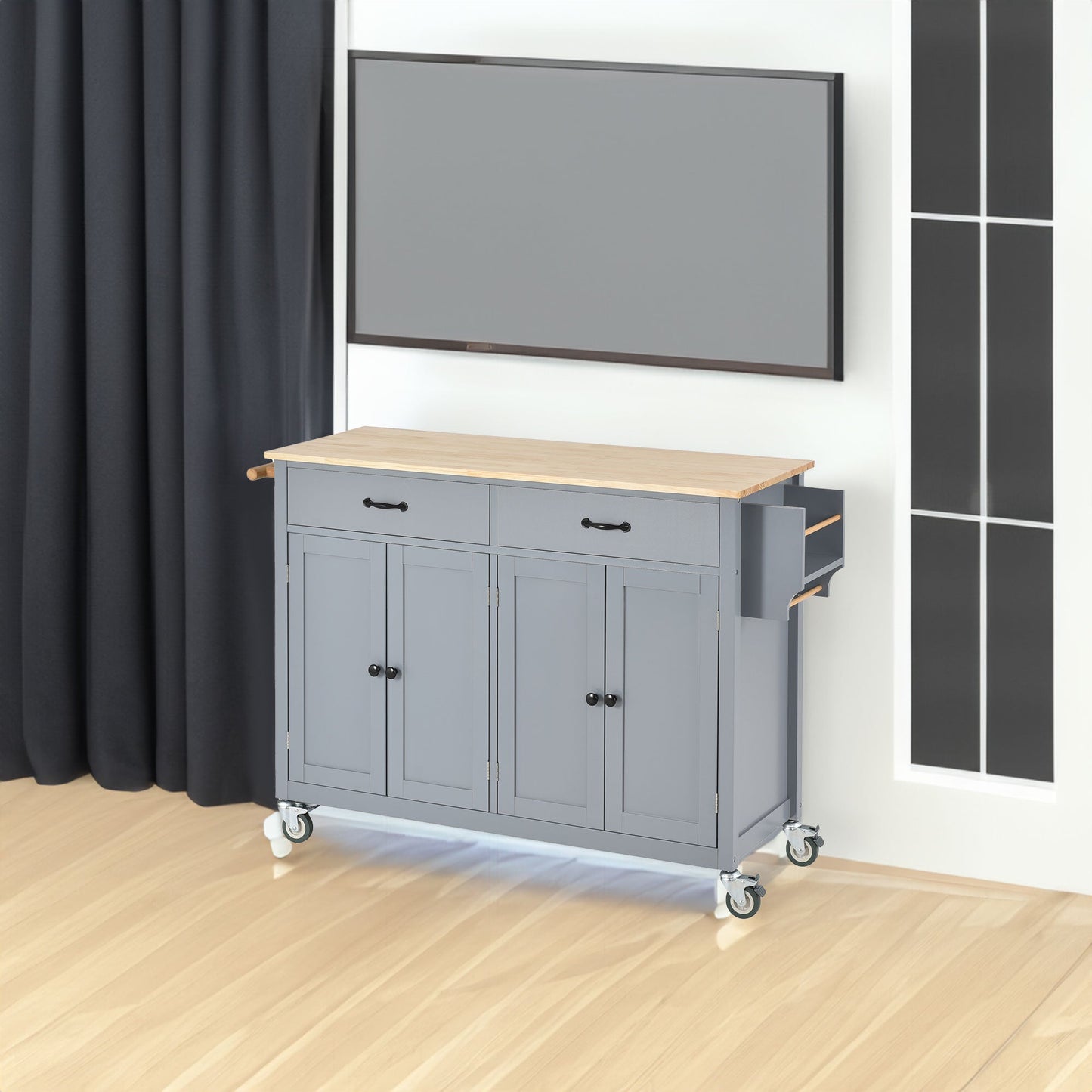 Kitchen Island Cart with Solid Wood Top and Locking Wheels 54.3 Inch Width (Grey Blue) - Korvel