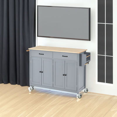 Kitchen Island Cart with Solid Wood Top and Locking Wheels 54.3 Inch Width (Grey Blue) - Korvel