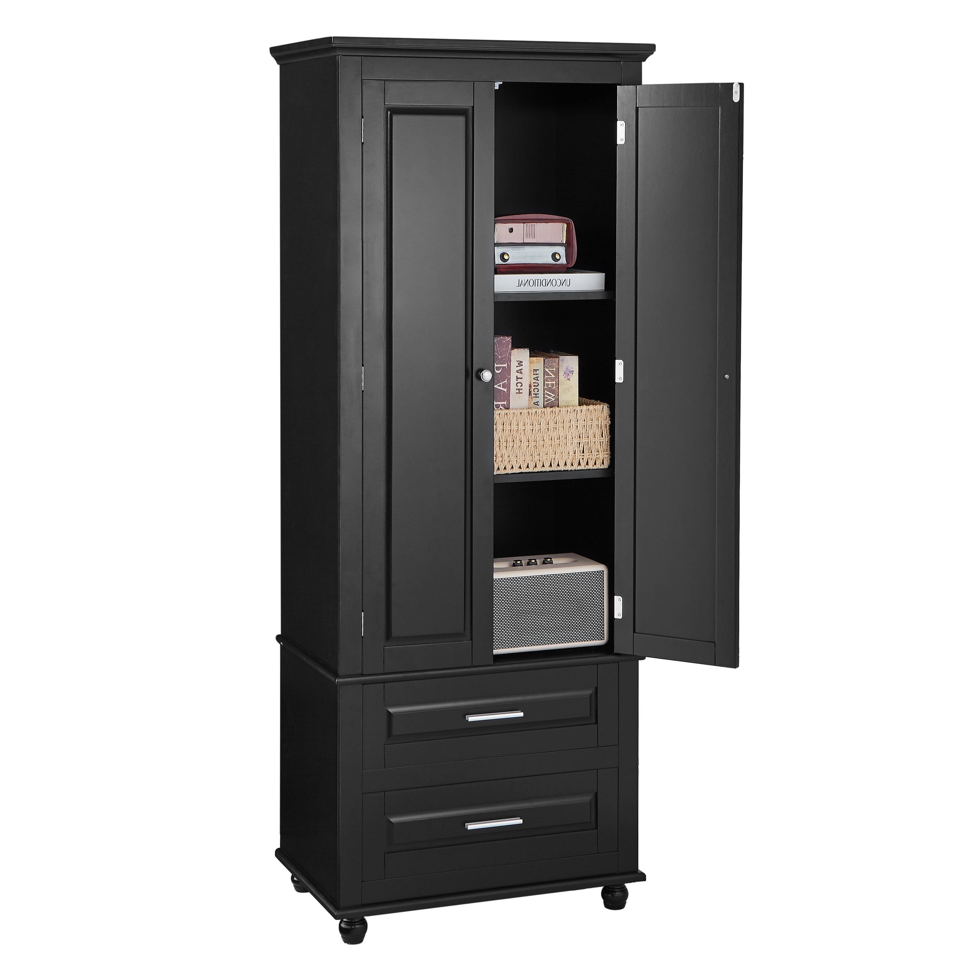 Tall Storage Cabinet with Two Drawers for Bathroom/Office, Black - Korvel