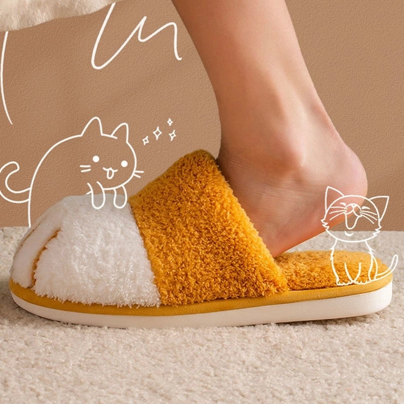 Winter House Warm Fur Slipers For Women Cute Cat paw Designer Bedroom Warm Plush Shoes Non-slip Indoor Women Furry Slippers - Korvel