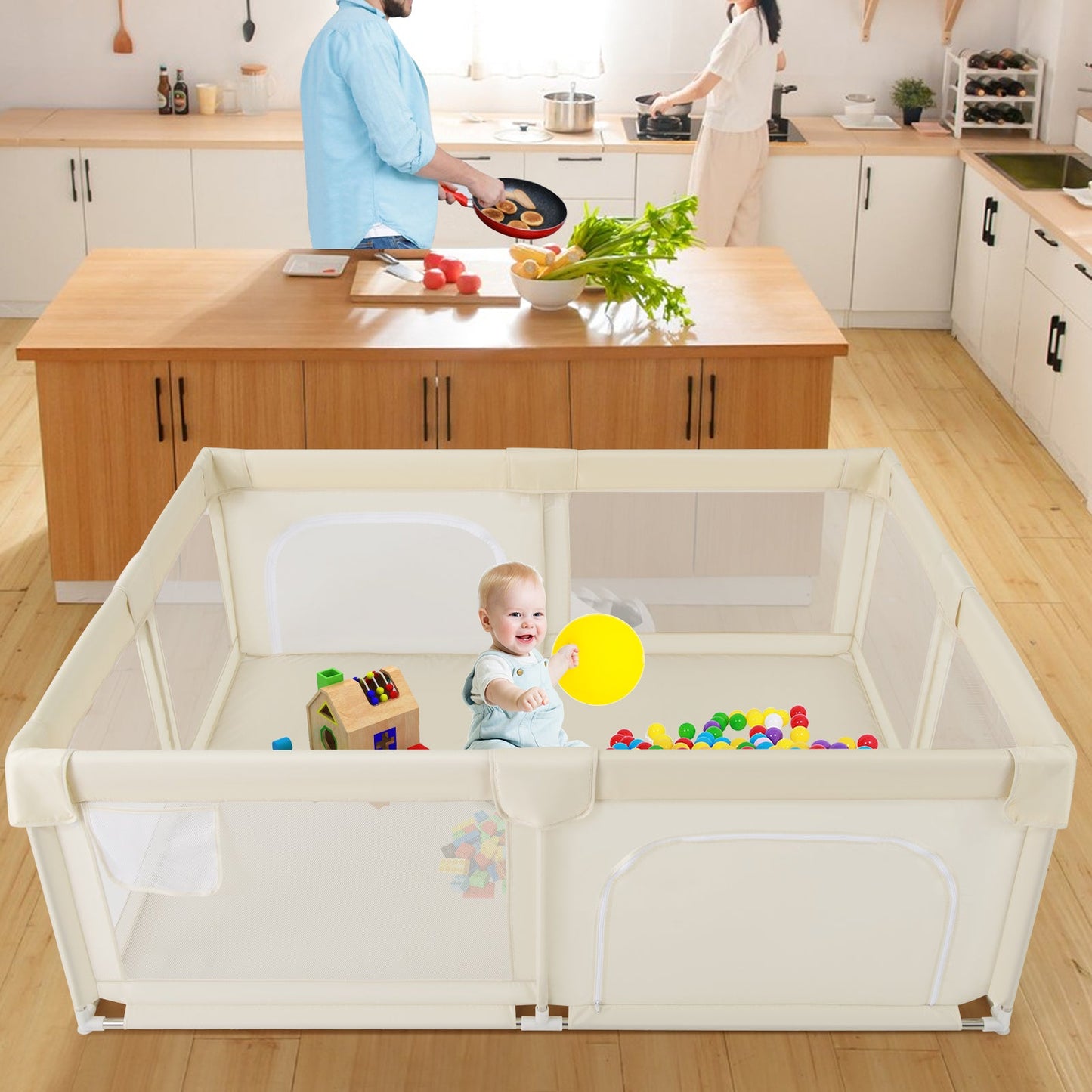 Parque Infantil Grande con Malla Transpirable y Puertas con Cremallera - Beige