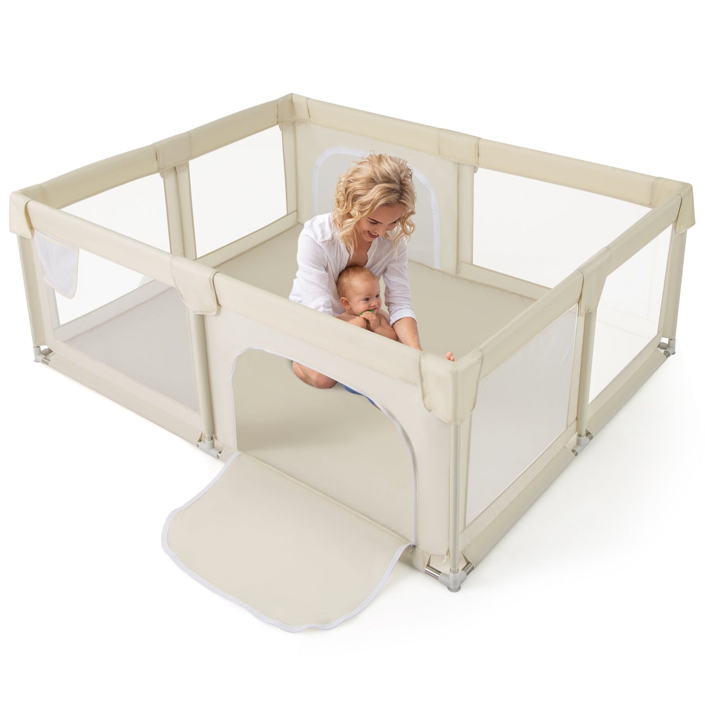 Parque Infantil Grande con Malla Transpirable y Puertas con Cremallera - Beige