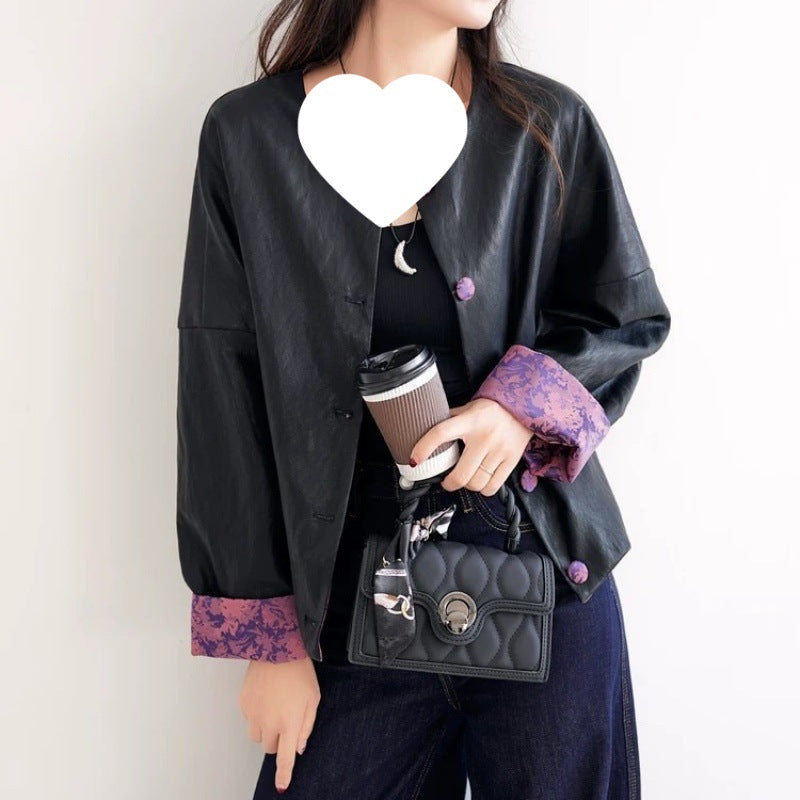 Chaqueta de Cuero con Parches Jacquard de Estilo Chino Retro
